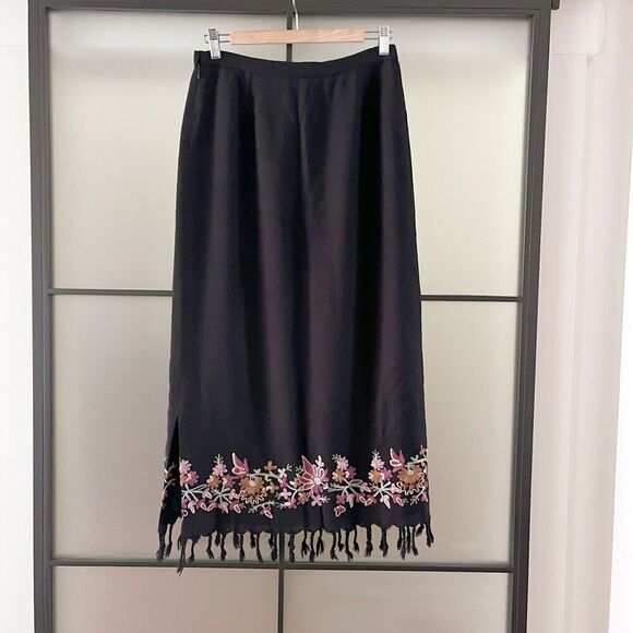 VTG 90s Harold’s Long Wool Straight Skirt Size 10 Black Column Crewel Embroidery - Picture 1 of 8